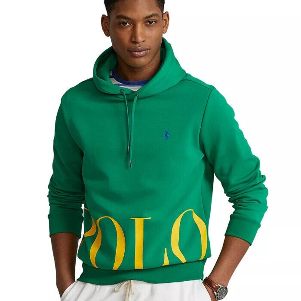 Polo Ralph Lauren Big Logo Hem Double Knit Hoodie Men's XXL Green/Yellow Print